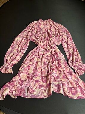 Dress Forum Fuchsia Floral Dress Sz M Long Sleeve Tie Waist Boho Romantic NWT